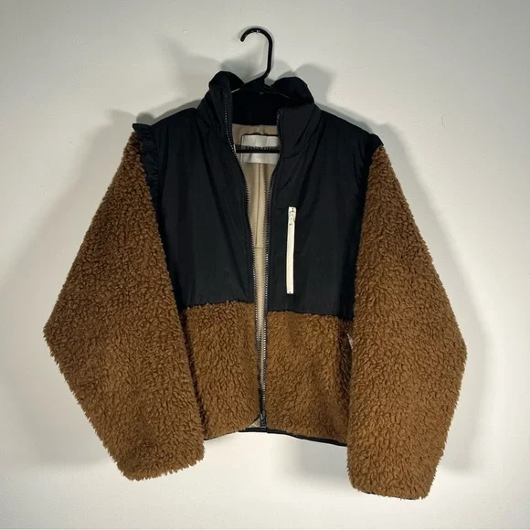 Sandy Liang Mia Fleece Teddy Cropped Jacket in Black & Brown Size Small